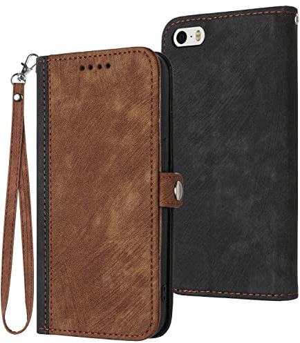 Verpotex Kompatibel mit iPhone SE 2016 / iPhone 5 / 5S (4,0 Zoll) Hülle, Premium Leder PU Handyhülle Flip Wallet Case Tasche mit [Kartenfach] [Stand Funktion] Magnetverschluss Schutzhülle (Braun)