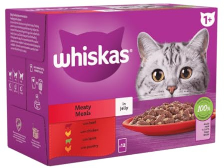 whiskas 1+ Meaty Meals Adult Wet Cat Food Pouches in Jelly 12 x 85g