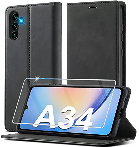 Ailicici für Samsung Galaxy A34 5G Hülle Leder [Mit A34 Schutzfolie] Handyhülle für Samsung A34 5G Hülle Klappbar Leder Flip Wallet Stoßfeste Case Schutzhülle Klapphülle für Samsung Galaxy A34 Hülle