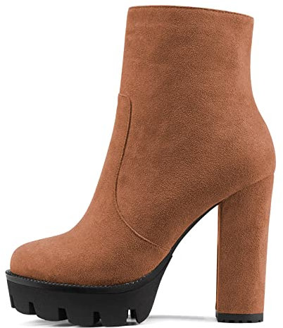 NobleOnly Donna Chunky Blocco Alto High Piattaforma Tacco Heel Rotonda Punta Stivaletti Cerniera Feste Classico Stivali Marrone A 37 EU