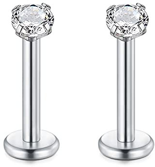 Rajnard 16G Acier Chirurgical Piercing Lèvres Stud Argent 8mm Cartilage Tragus Helix Boucles d'oreilles Piercing Labret avec 2mm Zircon Femelle Piercing Bijoux pour Femmes Hommes