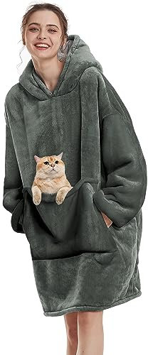 Decke Hoodie Sweatshirt Oversized,Plüsch Flauschig Kuscheldecke mit Tasche,Einheitsgröße Sherpa Kapuzenpullover für Damen Herren,Flanell Fleece TV-Decke mit Ärmel,Tragbar Ganzkörperdecke,Dunkelgrau