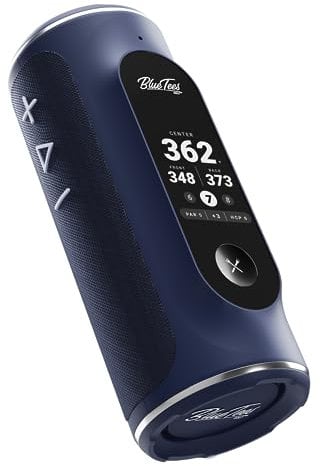Blue Tees Golf Player+ GPS Speaker with Touch Screen Display, 10+ Hours Battery, 40,000+ Courses, Visual + Audible Distance, Hazard Distance - IPX7 Waterproof (Navy)