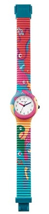 HIP HOP Surrealism Damenuhr einfarbiges Zifferblatt weiß Uhrwerk nur Zeit-3H Quarz und Silikonarmband mit mehrfarbigem Stoff HWU1189, Modern
