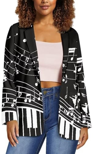 xixirimido Damen Langarm Blazer Jacke Anzug Regular Fit gekerbtes Revers Büro Übergröße 2XS-3XL, Musik-Klavier-Tastatur, 40