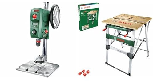Bosch Home and Garden Tischbohrmaschine PBD 40 (710 W, Max. Bohr-Ø in Stahl/Holz: 13 mm/40 mm, Bohrhub 90mm, im Karton), Grün & Arbeitstisch PWB 600