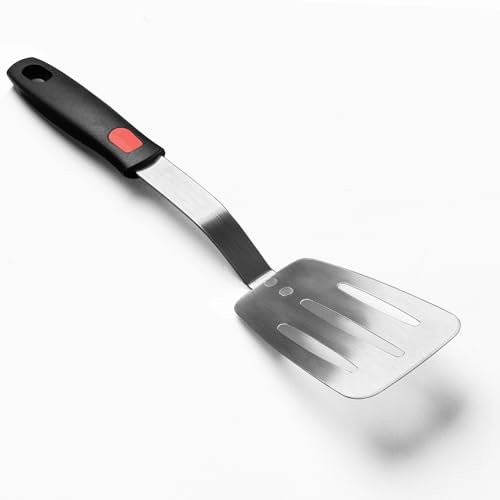 XiaoZu - Espátula flexible de acero inoxidable, espátula de metal ranurada fina para sartén de hierro fundido, hoja fina y mango de silicona resistente al calor, ideal para huevos, galletas, carne,