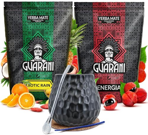 Mate Tee Set mit Zubehör | Guarani Energia con Guarana und Exotic Rain | Anregende, fruchtige Mate Tee | Kalebasse, Bombilla und Zubehör | Natürliches Koffein | Paraguayische Mate | 2x500g | 1kg