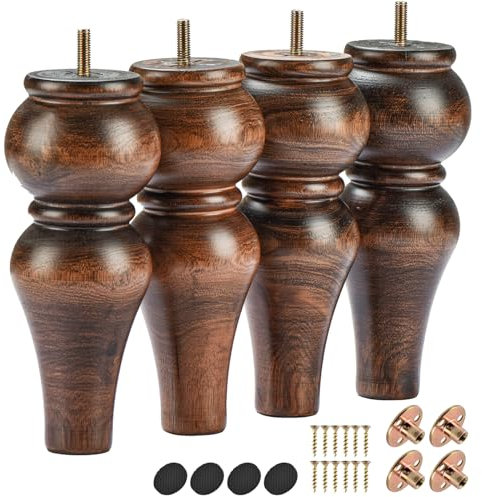 La Vane 8 inch / 20cm Wooden Furniture Legs, 4PCS Glaze Soild Wood Spindle Replacement Bun Feet with Pre-Drilled M8 Bolt & Mounting Plate & Screws for Sofa Loveseat Ottoman Cabinet