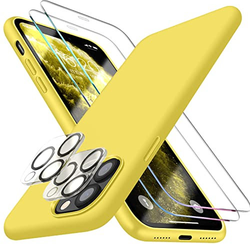 Dssairo [5-in-1 für iPhone 11 Pro Max Hülle, mit 2 Displayschutzfolien + 2 Stück Kameraobjektivschutz, Flüssigsilikon, ultradünn, stoßfest, Mikrofaser-Futter(Gelb)