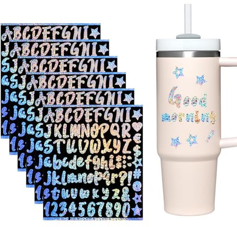 6Pcs Vinyl Letter Stickers for Stanley Cup Waterproof Personalized Alphabet Sticker Colorful Glitter Name Tags Logo Sticker Self Adhesive Letters Water Bottle Stickers for Mugs Notebooks Phone Decor
