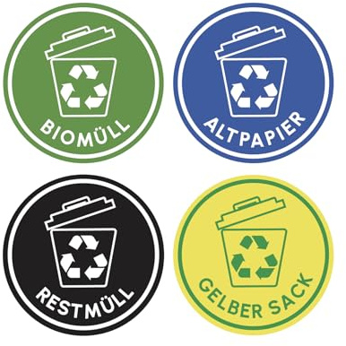 4-Teiliges Set Mülltrennung Aufkleber | Gelber Sack, Restmüll, Altpapier und Biomüll für Mülltrennung, Mülleimer, Abfalltrennsystem | Wetterfest (7 cm ⌀)