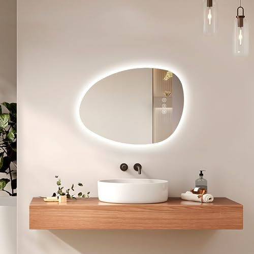 EMKE Miroir avec éclairage asymétrique, Anti-buée, Interrupteur Tactile, 3 Couleurs de lumière dimmables, Miroir Salle de Bain avec éclairage, 65 x 45 cm,Miroir LED,Fonction Mémoire