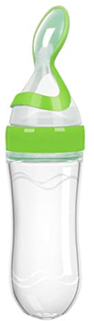 Baby Silicone Squeeze Feeder with Food Dispensing Spoon Cereal Feeding Bottle for Infant Green, Infant Food Dispensing Bottle