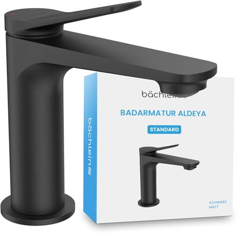 Bächlein Badarmatur Aldeya in modernem Design, Einhebelmischer mit langlebiger Keramikkartusche und Montage-Set, Bad Wasserhahn Schwarz Matt