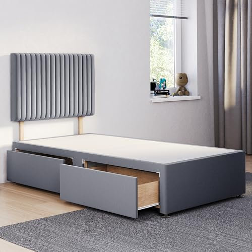 ComfoRest - Sophisticated 3FT Single Divan Bed with 2 Drawers & 24 Malia Headboard | Versatile Frame with Storage and a Sturdy Base for Modern Homes (Grey Plush)