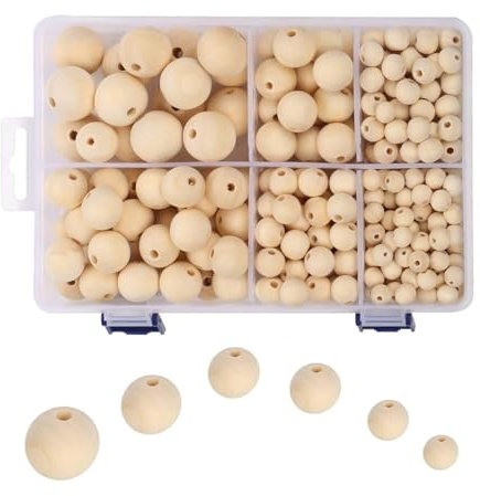 suwineo 320 Stück 10mm 12mm 14mm 18mm 20mm 24mm Natur Holzkugeln mit Loch, Runde Holzperlen zum Basteln für DIY Handgefertigte Dekorationen