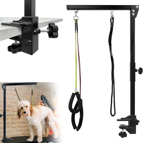 TOOSOAR Faltbarer Hundefrisiertischarm,mit Klemme, Hundepflege Schlaufe und Zwei No-Sit-Hüfthaltern,Höhenverstellbar für Große und Kleine Hunde