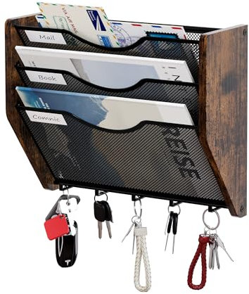 Senhoglb Porte Documents Mural à 3 Niveaux, Porte Revue Mural en Métal avec Crochets, Bois Organisateur de Fichiers Suspendus, Courriers Trieur de Rangement pour le Bureau, la Maison, Marron Antique