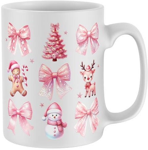 Purple Print House Pink Christmas Mug Xmas Stocking Gift Festive Tree Snowman Gingerbread Man Reindeer Bows Hot Chocolate Cup