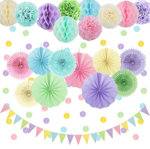 Marwey Macarons Party Decor, 24 Hanging Paper Fans, Flower Pompons, Garland Polka Dots and Triangles, Girls Flag Packs, Rainbow Birthday, Tea Pot, Baby, Wedding