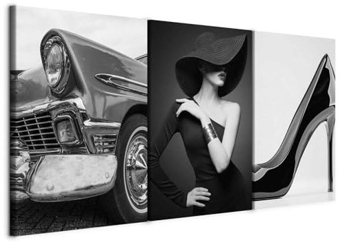 B&D XXL - Tableau triptyque mural ensemble de 3 pièces 180x90 cm – Impression sur toile avec cadre pour salon et chambre - L'élégance parisienne - glamour en noir et blanc h-C-10064-b-a