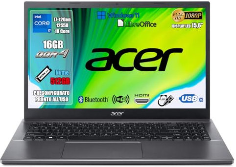 Acer Extensa 15 Notebook Processore Intel Core i7-1255U fino a 4.7Ghz, RAM 16GB DDR4, SSD 512GB PCIe, Display 15.6 FHD, Scheda Grafica Intel Iris Xe, Lan Gigabit, Wi-Fi6, Garanzia 2 anni.