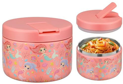 Itslife Thermal Food Container, 350 ml, Stainless Steel Warming Container, Children's Leak-proof Lunch Container with Buckle Cover, Wide Neck, Insulation, Suitable for Cold and Hot Food, Pink Mermaid