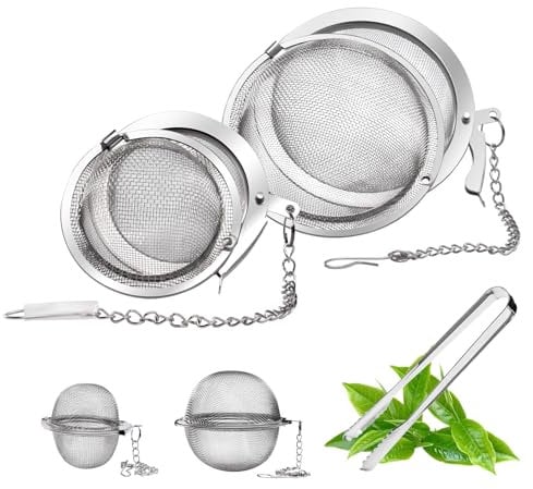 4 Pz Infusore per Tisane, Infusore Tè in Acciaio Inox, Filtro Te Infusione, Filtro per Tisane Tè Sfuso con Catena, Colino da Te Filtros per Teiere e Razze (5 cm, 7 cm), con 1 paio di pinze