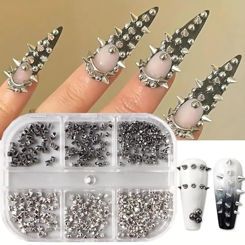 Nieten Nail Charms, 1 Boxen 6 Fächer Nagel Charms Silber Schwarze Niete, Charms Nägel Nailart con Spitz Niet, Süße und Coole Kegel Nieten Nail Art Zubehör Set für Mädchen Frauen für DIY Dekoration