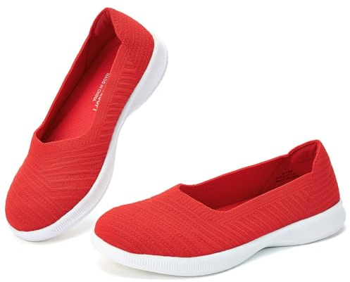 konhill Women's Loafers Slip on Knit Dressy Shoes Casual Low-Top Flats Comfortable Lightweight Walking Shoes 4UK Bright Red