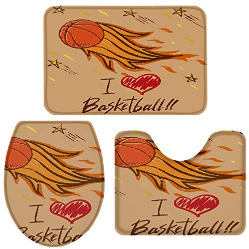 Badezimmer Vorleger 3-Teiliges Basketball Retro Illustrationen Druck Badteppich Set 3-Teilig Weiches Badezimmer-Garnitur Atmungsaktivem U-Förmiger Teppich Für Badewanne Schlafzimmer Dusche