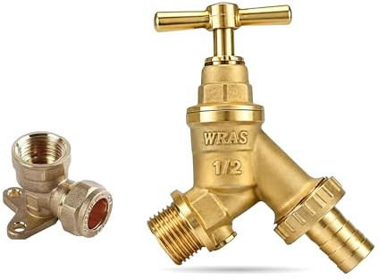 Outdoor Garden Tap with 1/2 Inch Brass Doble Check Valve | Heavy Duty Outdoor Bib Tap with Hose Connector | WRAS Approved. (Double Check Tap + Compression Wallplate Elbow)
