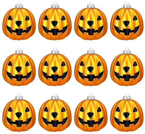 12 Pack Smiling Pumpkin Hanging Ornaments - Halloween & Autumn Decorations for Home, Garden Tree and Party, Durable Resin Ghostly Decor with Lanyards (Orange)