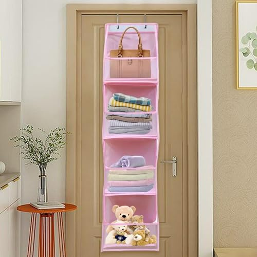 Jiakalamo Over Door Storage Hanging Organiser, 4 Clear Window Pockets Over The Door Hanging Organizer for Closet, Wardrobe, Toys, Bedroom, Bathroom(Pink)