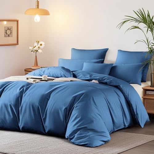 Boqingzhu Bettwäsche 200x200 cm Baumwolle Satin Öko-Tex Blau Dunkelblau | 100% Langstapelige Baumwolle, Weich, Luxus Bettwäsche-Set mit Reißverschluss, 1x Bettbezug 200x200 + 2x Kissenbezug 80x80
