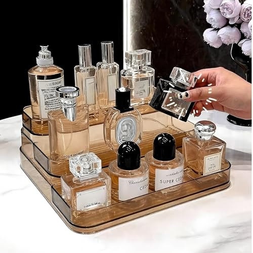 3 Tier Acrylic Display Stand, Perfume Organiser Stand, Cologne Trinket Display Shelf for Collectibles, Craft Fairs, Makeup, Pop Figures, Jewelry, Cupcake, Display Risers Stand Holder, Brown