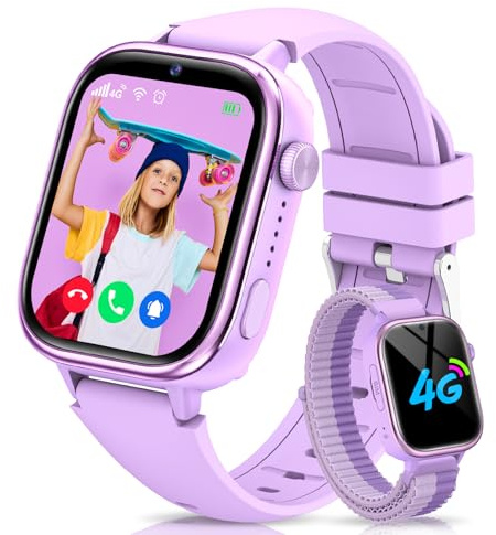 RUXINGX Reloj Inteligente Niño 4G, Smartwatch Niños GPS y Llamadas, SOS/Modo Clase/Chat de Voz/Videollamada, IP68 Impermeable, Álbum de Fotos/Podómetro/Despertador, Reloj Smartwatch para Niños Violeta