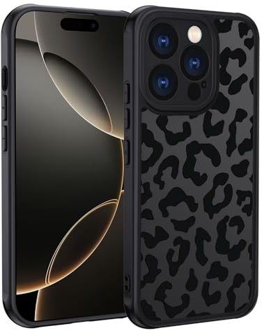 XTCASE für iPhone 16 Pro Hülle, Aesthetic Leopard Muster Frauen Mädchen Case Matt Transluzente Handyhülle Kratzfeste PC Rückseite + TPU Bumper - Schwarz