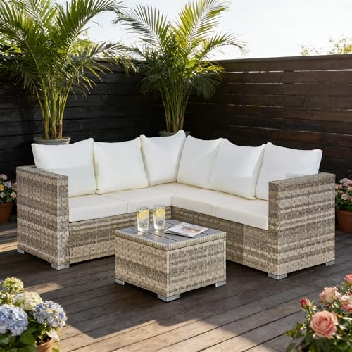 AOUXIN 5 Seater Rattan Garden Furniture Set, Rattan Corner Sofa Set Patio Sofa with Coffee Table (Beige)