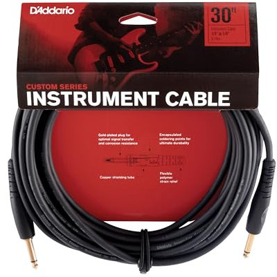 D’Addario Accessories Custom Series Guitar Cables - Instrument Cable with ¼ Inch Ends - High Performance Guitar Cord - For Guitars, Bass, Keyboards - Mono - Straight End, 30 feet