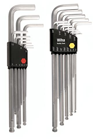 Wiha 66993 Ball End Hex L-Key Sets, 2-Pack, Inch & Metric, 22 Piece Total, Black, Extra-Long Reach, Chrome-V-Moly Steel