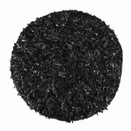 HOMESCAPES - Dallas - Black - 150cm Round - Modern Designer - Real Leather Cuts - Shaggy Rug