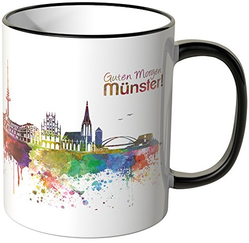 WANDKINGS® Tasse, Schriftzug Guten Morgen Münster! mit Skyline - SCHWARZ