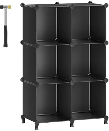 SONGMICS 6 Cube Storage Unit, Modular Plastic Storage Organiser with Feet, Shoe Rack, 30 x 30 x 30 cm, Living Room, Bedroom, Study, with Rubber Mallet, Black LPC06H