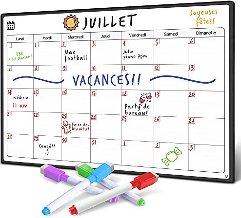 SmartPanda magnetisches Whiteboard und Kühlschrank-Kalender - ideal, um organisiert zu sein - Ideal für Monatsplanungen, Veranstaltungseinträge und Ferienpläne - in französischer Sprache