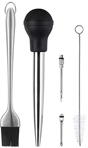 Kaycrown Stainless Steel Turkey Baster with BBQ/Grill Basting Brush, Commercial Grade Quality Rubber Bulb Including 2 Flavor Needles and Cleaning Brush for Easy Clean Up