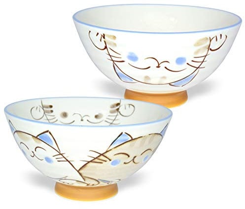 Japanese Handcrafted Rice Bowl, Authentic Mino Ware Pottery, Calico Cat Motif Design, MIKE Blue Chawan, set of 2