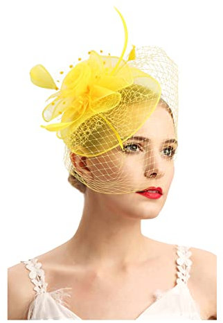 Fascinators Hüte 20er 50er Jahre Hut Pillbox Hut Cocktail Tee Party Kopfbedeckung mit Schleier für Mädchen und Frauen, D-gelb, Einheitsgröße