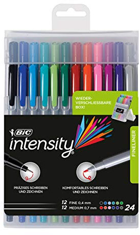 BIC Intensity Fineliner Set: 24 Filzstifte in 12 verschiedenen Farben, jede Farbe mit feiner und mittlerer Spitze, für Bullet Journal & Mandala